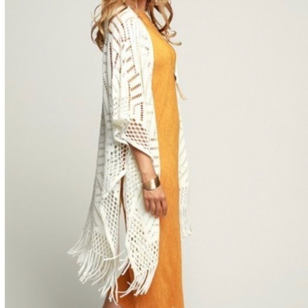 Ivory Long Crochet Ruana with Fringe - Picture 4 of 5